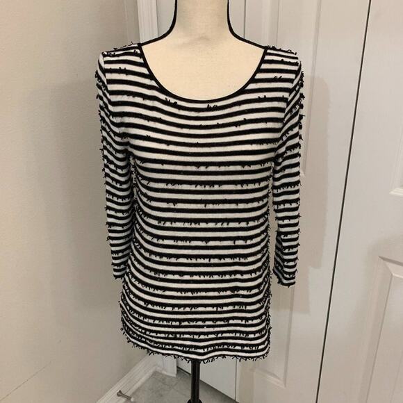 Ann Taylor Sweaters - Ann Taylor Womens Black & Ivory Stripe Sweater, Small Fringe, Sequin, Zips